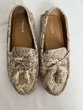 COACH Nadia Snake-Print Tassel Loafers in Beige and Brown